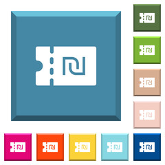 New Shekel discount coupon white icons on edged square buttons