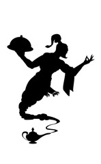 Fototapeta na wymiar Waiter helpful silhouette of an black genie from Arabic lamp. Detailed contour black. Vector isolated illustration