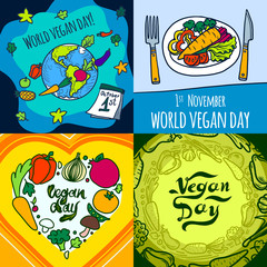 Vegan day banner set. Hand drawn set illustration of vegan day vector banner for web design