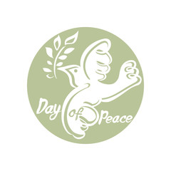 Day of Peace. Round olive green template with dove and branch. Hand drawn naive illustration. Flat design.
