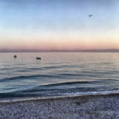 Fototapeta premium Hand drawing watercolor art on canvas. Artistic big print. Original modern painting. Acrylic dry brush background. Beautiful sea landscape. Violet sunset.