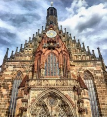 Obraz premium Hand drawing watercolor art on canvas. Artistic big print. Original modern painting. Acrylic dry brush background. Beautiful landscape. Old European Cathedral