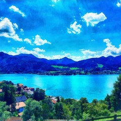 Hand drawing watercolor art on canvas. Artistic big print. Original modern painting. Acrylic dry brush background. Beautiful mountain tropical exotic landscape.