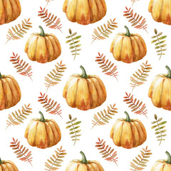 Watercolor seamless pattern with pumpkin on the black background. Watercolor vegetables. Template for card, wallpaper, poster, banner, menu
