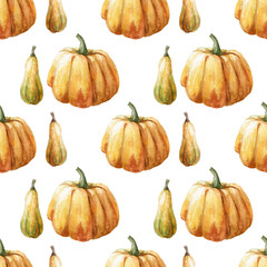 Watercolor seamless pattern with pumpkin on the black background. Watercolor vegetables. Template for card, wallpaper, poster, banner, menu