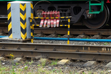 Naklejka premium The railway junction on a cloudy day. Natural light. Landscape