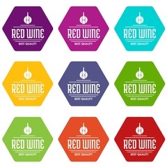 Red wine icons 9 set coloful isolated on white for web