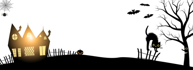Vector banner for Halloween evnets in black and white minimal style with silhouettes of a haunted house, tree, cat, and bats