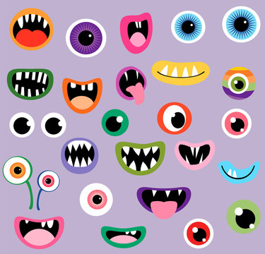 Monster mouths and eyes, fun vector graphic design elements