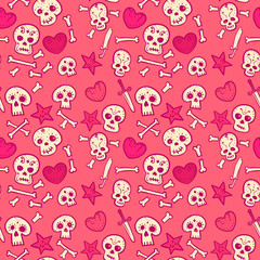 pattern with skulls and hearts, bones and daggers, vector seamless background, cartoon style
