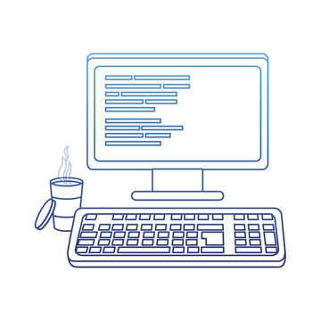 degraded outline computer with programming code and hot coffee