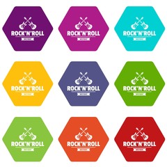 Rock n roll icons 9 set coloful isolated on white for web