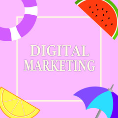 Writing note showing Digital Marketing. Business photo showcasing Promotion of products or brands thru electronic media.