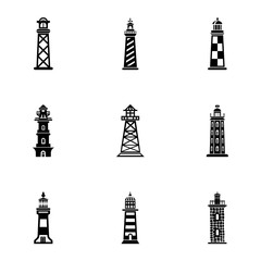 Coastal lighthouse icons set. Simple set of 9 coastal lighthouse vector icons for web isolated on white background