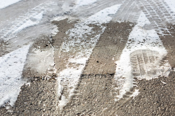 traces of the car wheels on snow