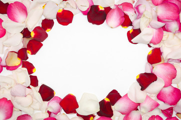 Pink. red and white rose petals. Valentine's day background. Flat lay, top view