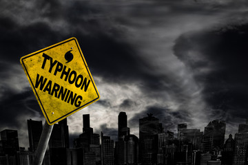 Typhoon Warning Sign Against City Silhouette With Copy Space