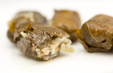 dolma, stuffed grape leaves on a white background