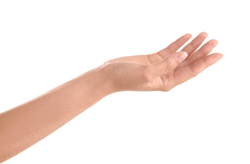 Abstract young woman's hand on white background