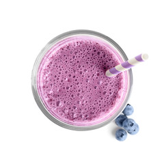 Tasty blueberry smoothie in glass on white background, top view © New Africa