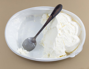creamy ice cream in a bowl and spoon
