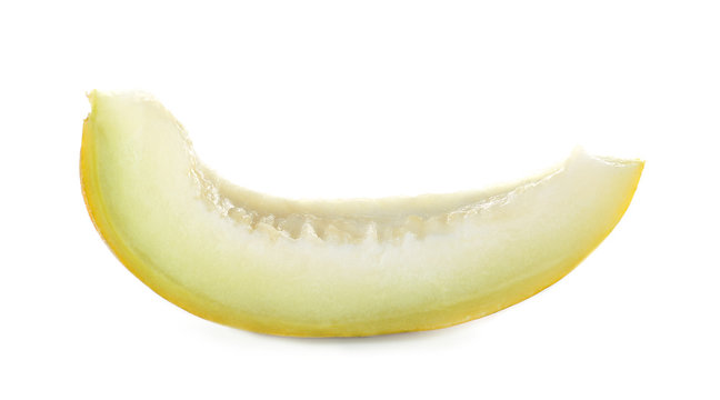 Slice of tasty ripe melon on white background