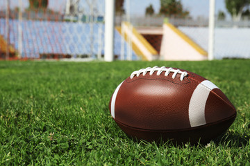 Ball on green field grass and space for text against net. American football match