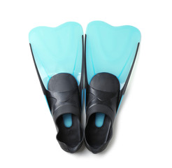 Pair of blue flippers on white background, top view