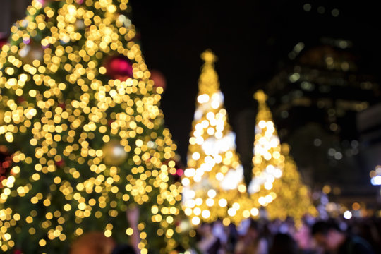 Blurry background image of defocused group of outdoor Christmas Trees with colorful lights at night