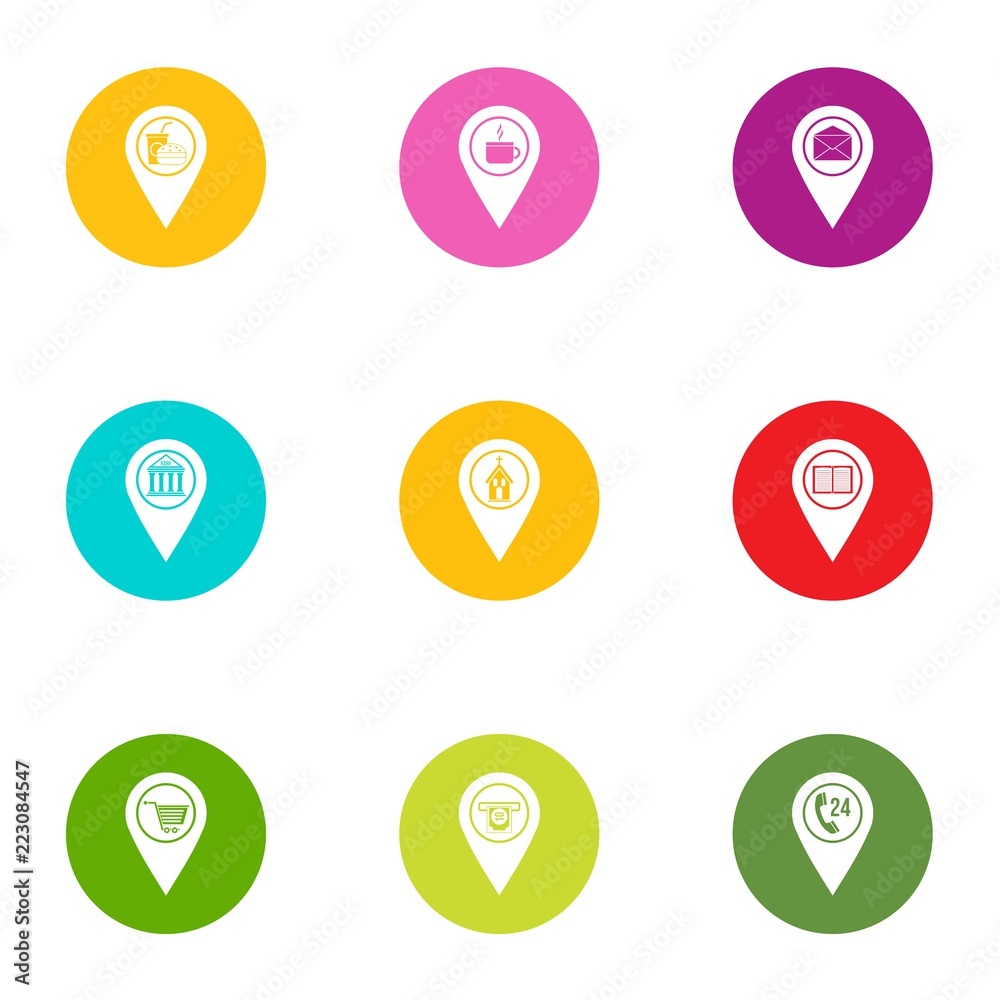 Poster geo point icons set. flat set of 9 geo point vector icons for web isolated on white background