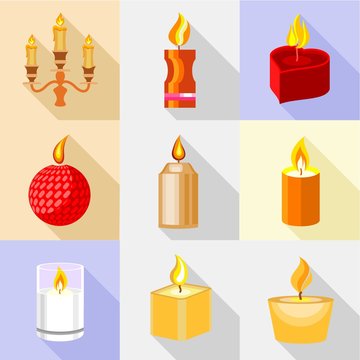 Fire candle icons set. Cartoon set of 9 fire candle vector icons for web isolated on white background