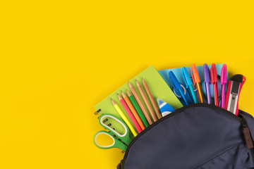 Backpack with school supply isolated on white background.