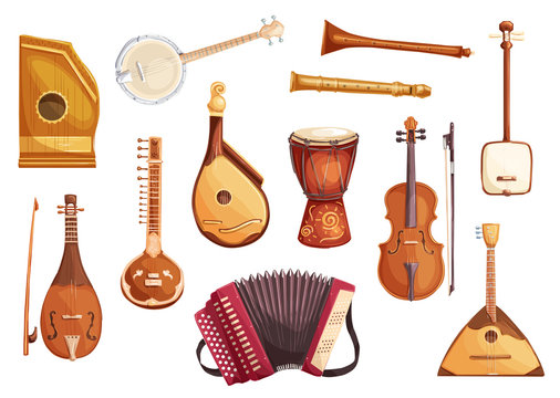 Musical folk instruments watercolor icons