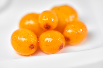Sea buckthorn isolated on the white./Sea buckthorn on a porcelain plate. White background. Fruits of sea buckthorn.