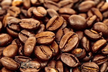 Roasted coffee beans isolated white background. Selective focus.