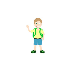 Schoolboy with backpack in shorts and blue t-shirt vector illustration isolated on white. Smiling youngster, cute child full length