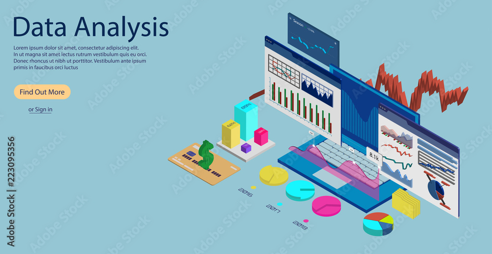 Poster Online Statistics and Data Analytics Concept Banner, Landing page template. Laptop with Data Analysis and Statistics, in 3D isometric. Concept of Data Analysis for website and mobile website. 