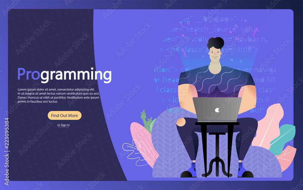Poster Programmer at work, concept banner. Business analysis, design, strategy. Vector illustration. Funny cartoon character of a person in Bodybuilder, big programmer. Can use for web banner, infographics.