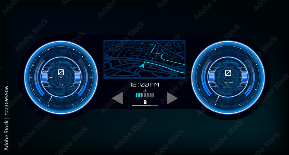 Poster automotive dashboard, futuristic style. car instrument panel. tachometer, data display and navigatio