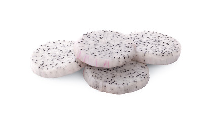 Slice of dragon fruit or pitahaya chunks on white background.