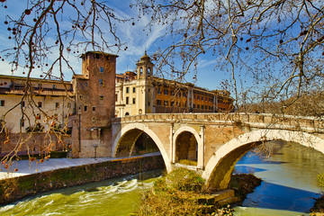 Bridge crosses over into Tiber Island in Rome, Italy