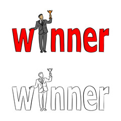 businessman holding a trophy at the red word Winner vector illustration sketch doodle hand drawn with black lines isolated on white background. Business concept.