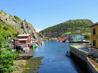 Fototapeta na wymiar An interesting view of the small fishing village and local brewery of Quidi Vidi, just outside St. John's Newfoundland and Labrador, Canada