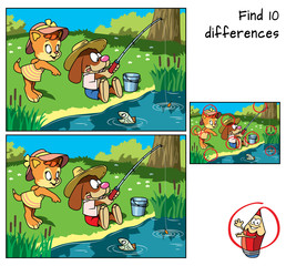 Cute kitty and funny little dog are fishing. Find 10 differences. Educational game for children. Cartoon vector illustration