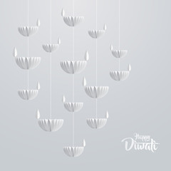 Happy Diwali. Hanging paper graphic of Diya lantern. Indian festival of lights. 