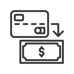 Credit card and banknote, withdraw cash from card, bank and financial related icon, editable stroke outline