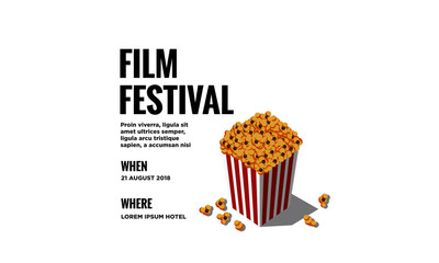 Film Festival Vector Invite Illustration with Popcorn Tub and Venue and Date Details Template