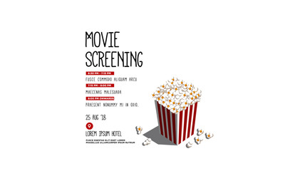 Film Festival Vector Invite Illustration with Popcorn Tub and Venue and Date Details Template