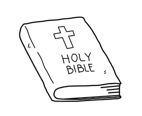 Holy Bible Book of Christian and Catholic teachings with cross symbol on it, hand drawn vector doodle illustration.