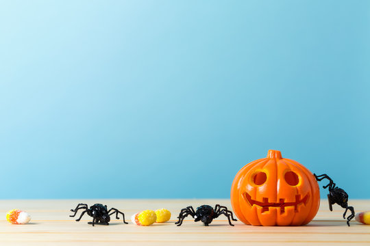 Halloween pumpkin with spider on a blue background